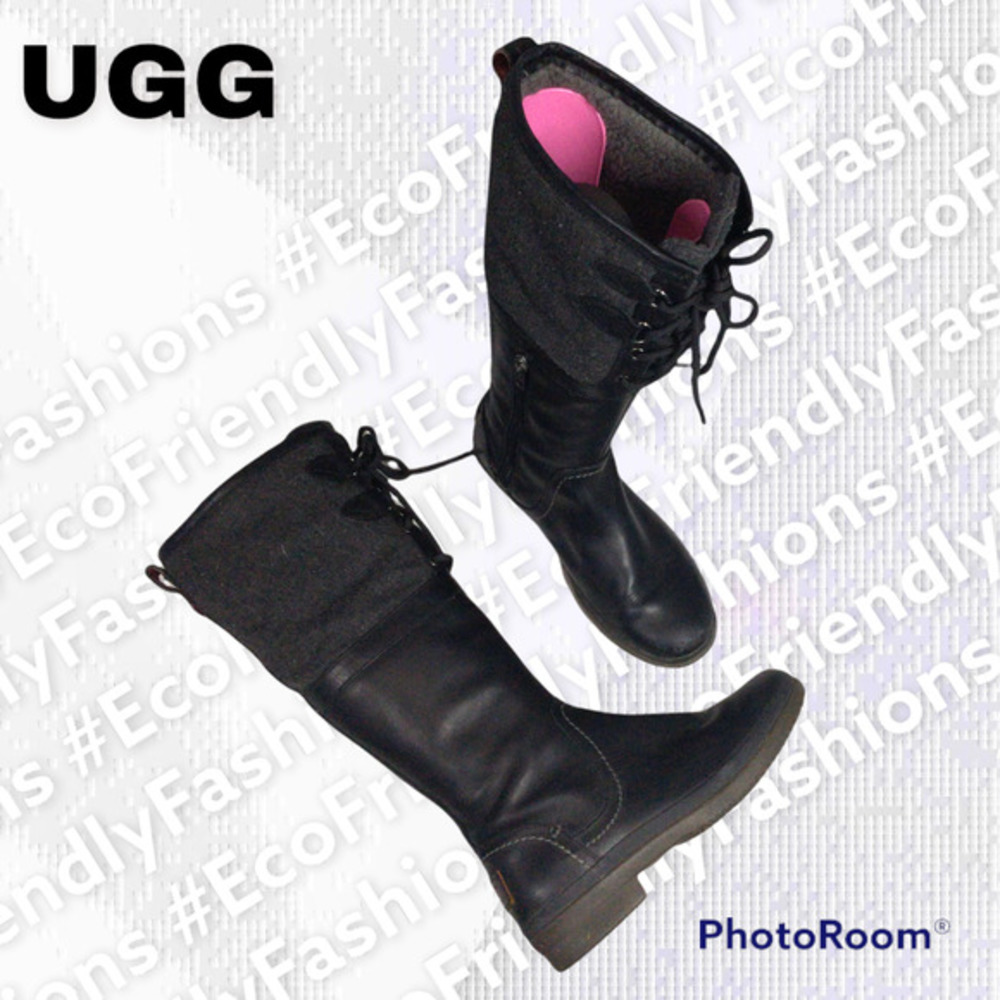 UGG Elsa Deco Quilt Knee High Rain Boots Black Women's Size US 6